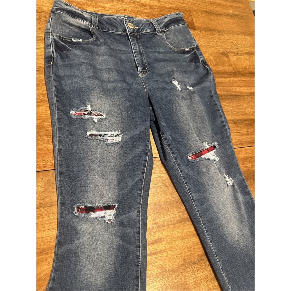 Maurices M Jeans Womens L Reg High Rise Skinny Distressed Blue Plaid Patch Denim - Picture 2 of 8
